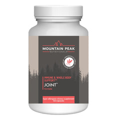 Mountain Peak Joint Formula bottle shows dosage information for daily joint comfort and mobility.