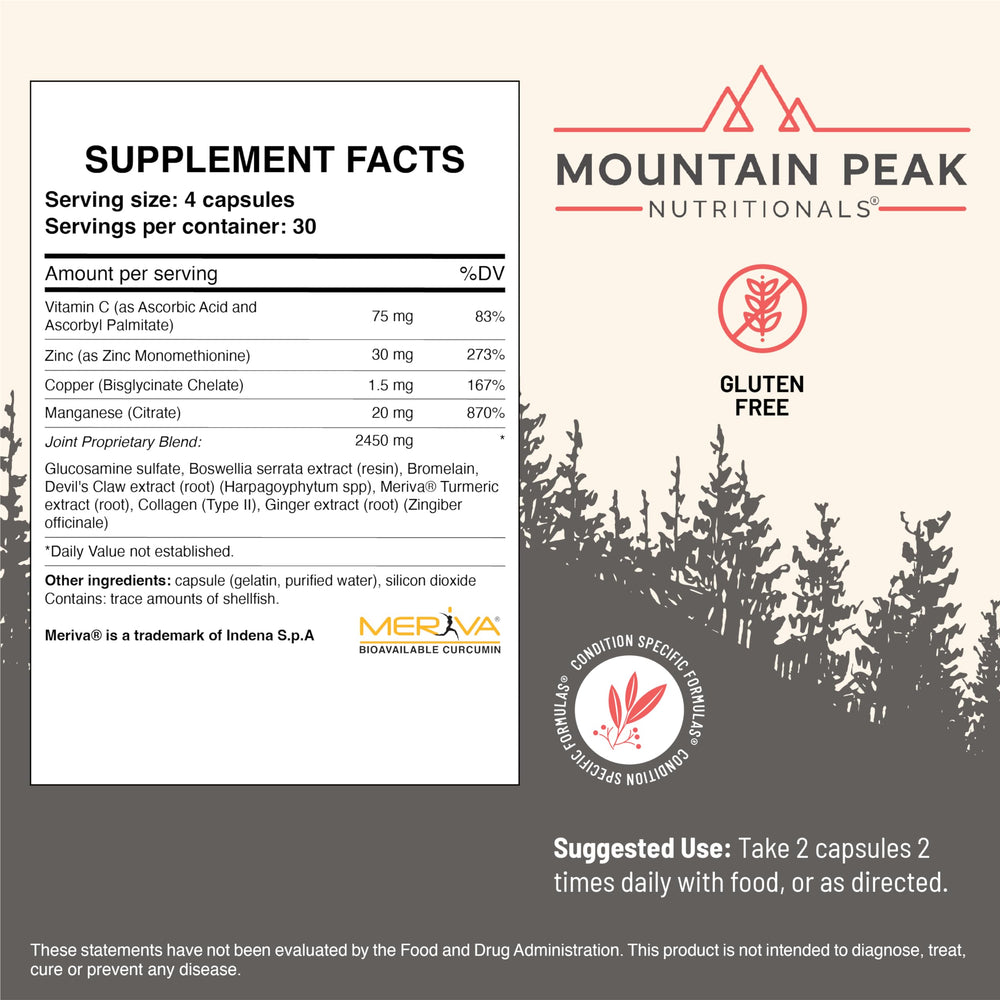 Mountain Peak Joint Formula label highlights key ingredients for joint health and tissue support.