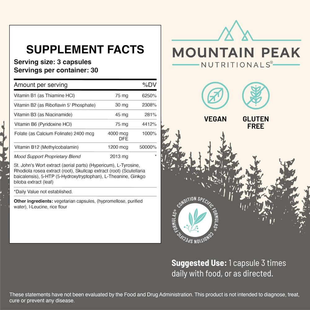Mountain Peak Mood Support label shows key ingredients for brain balance.