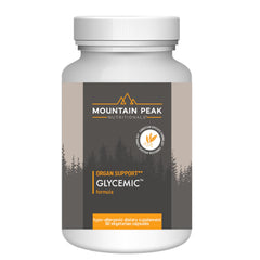Mountain Peak Nutritionals Glycemic Formula bottle label shows hypoallergenic daily blend for steady energy.