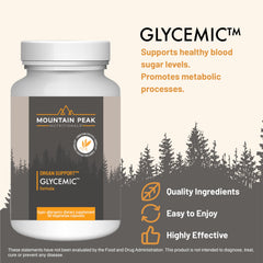 Mountain Peak Nutritionals Glycemic Formula capsules closeup highlights compact, easy-to-take capsules.