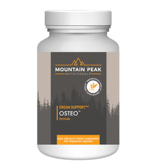Mountain Peak Osteo bottle close-up with capsules for bone support.