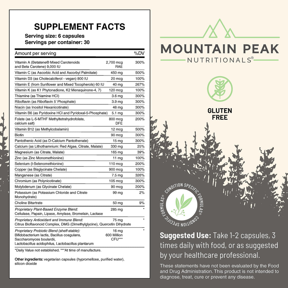 Mountain Peak Ultra High Multivitamin bottle label highlights essential vitamins.