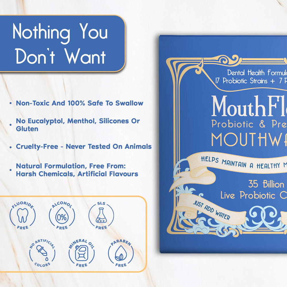 Display of MouthFlora 60-pack bottles for bulk daily use.