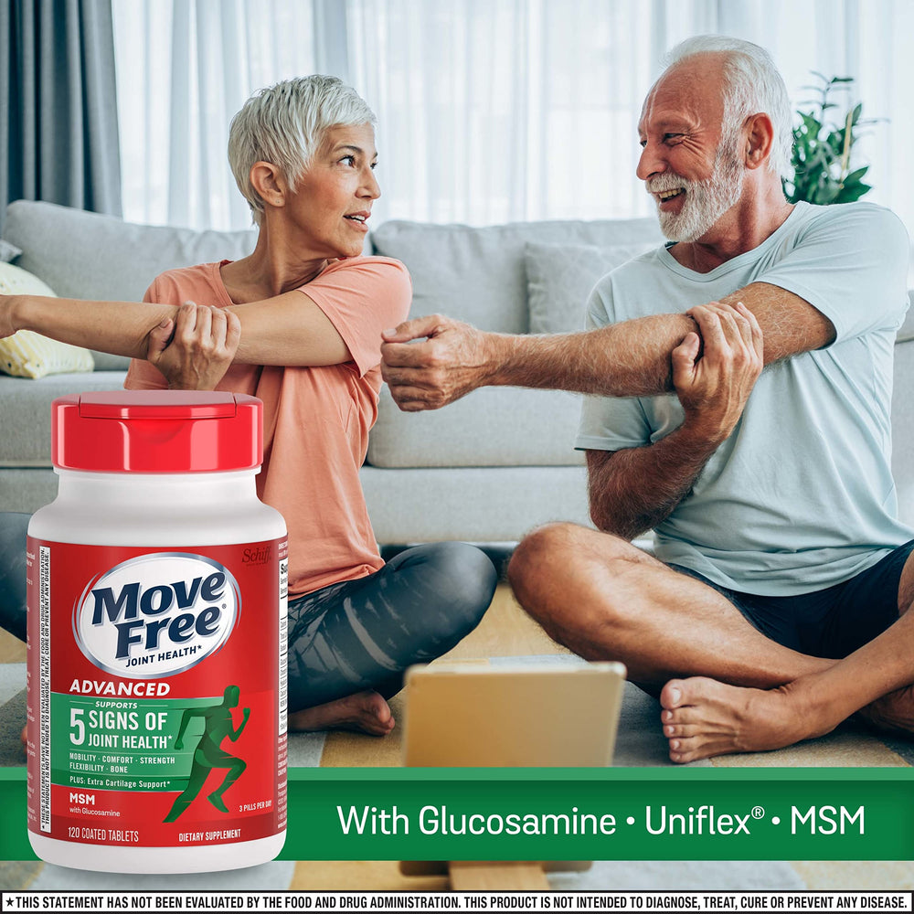Move Free Advanced bottle label highlights key ingredients such as glucosamine and MSM.