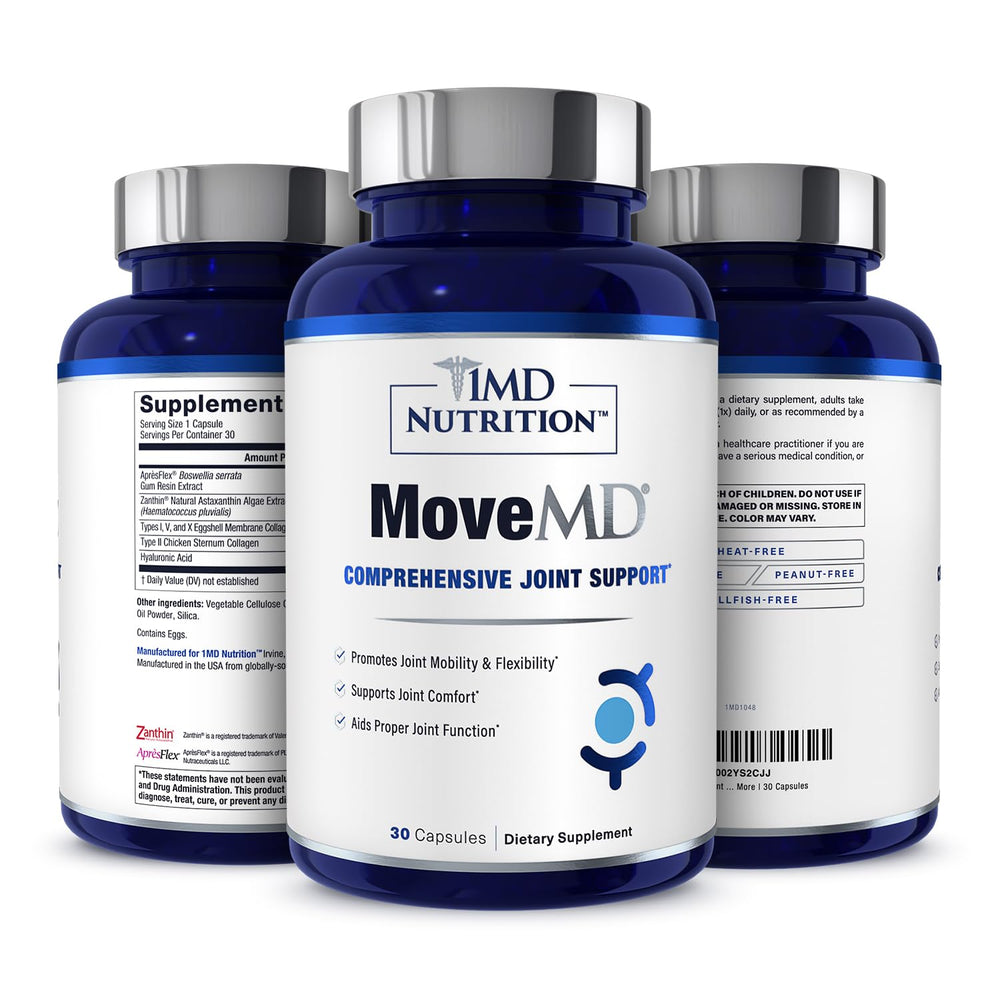 MoveMD bottle close-up shows premium packaging for daily joint support.