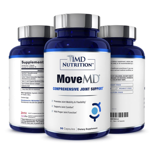 MoveMD bottle close-up shows premium packaging for daily joint support.