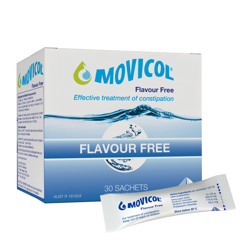 Movicol flavour-free sachets pack for gentle, effective constipation relief.