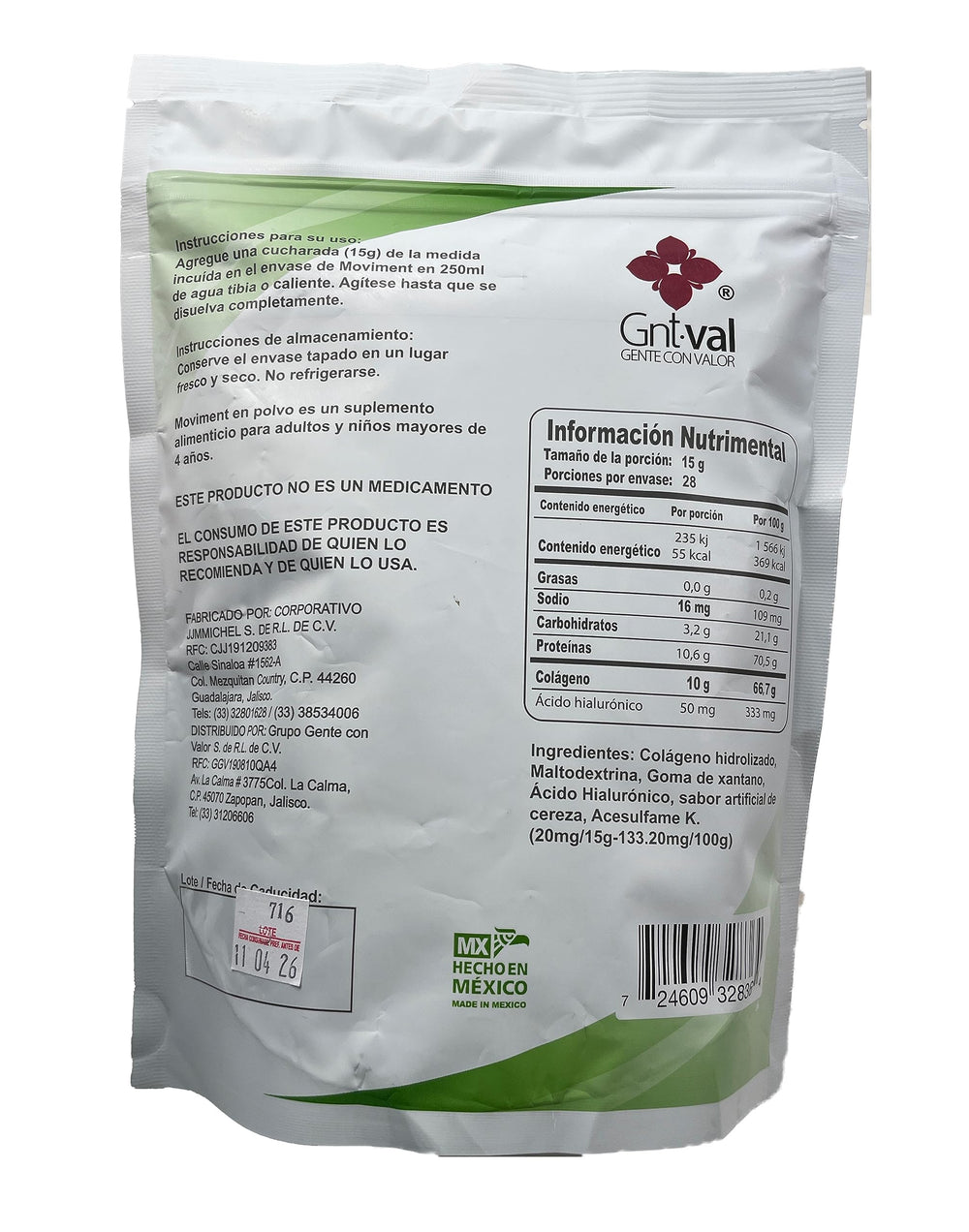 Moviment collagen-hyaluronic bottle nutrition facts highlighting protein and vitamin C support.