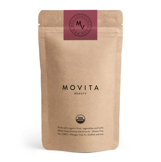 Movita Beauty bottle packaging shown with eco-friendly materials for a clean routine.