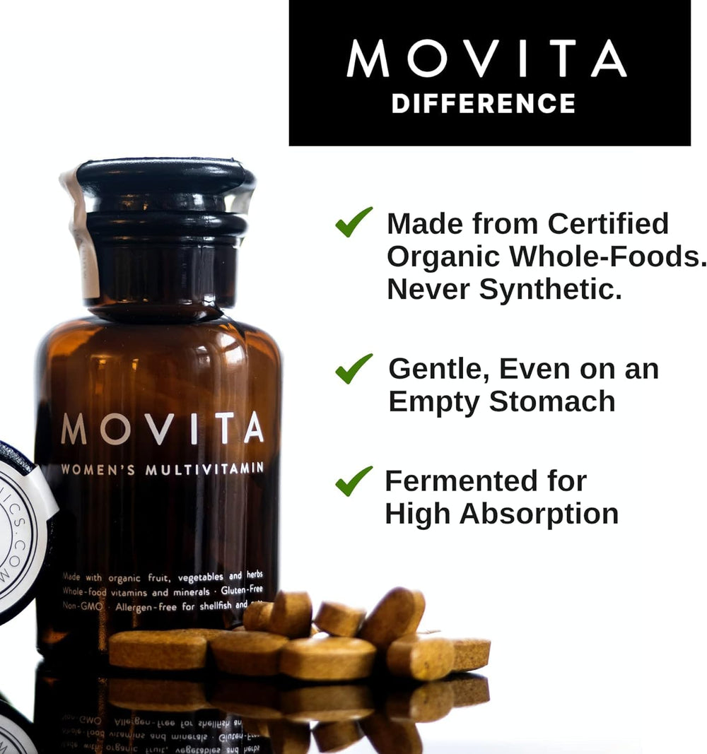 Movita glass bottle close-up, premium storage for your daily vitamins.