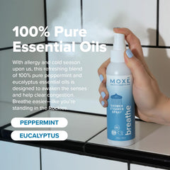 MOXE Breathe room spray use demonstrates versatile aroma for spaces.