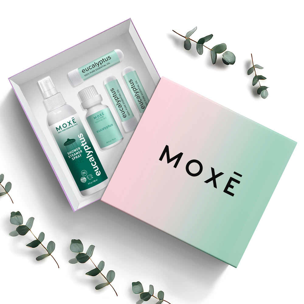 MOXE eucalyptus oil bottle for at-home aromatherapy and soothing ambiance.