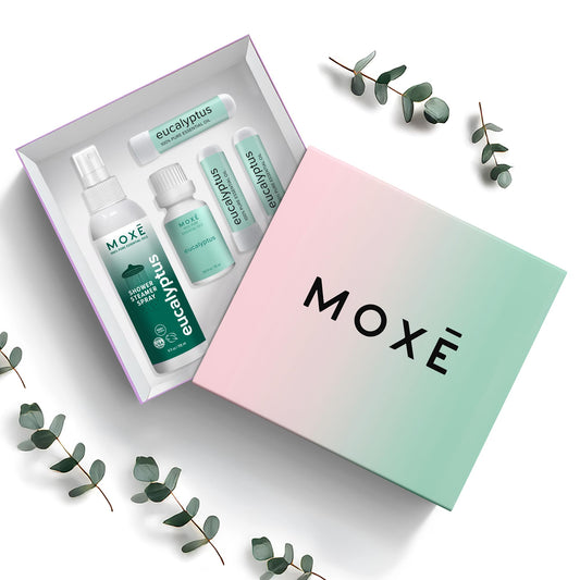 MOXE eucalyptus oil bottle for at-home aromatherapy and soothing ambiance.