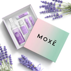 MOXE Lavender Aromatherapy Gift Set packaging for gifting and home display