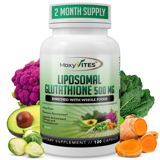 MoxyVites Liposomal Glutathione bottle label close-up for antioxidant support