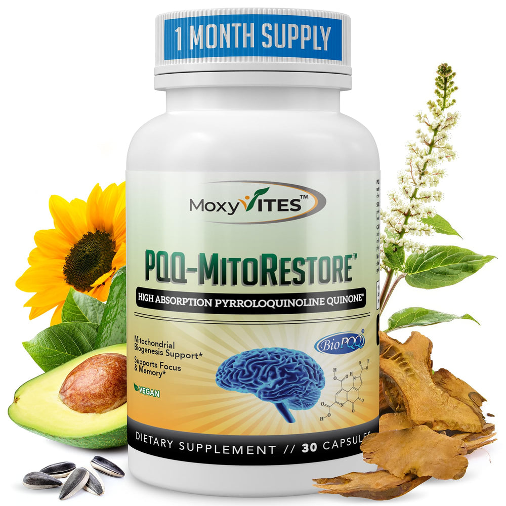 MoxyVites PQQ MITORESTORE bottle front promotes daily brain support.