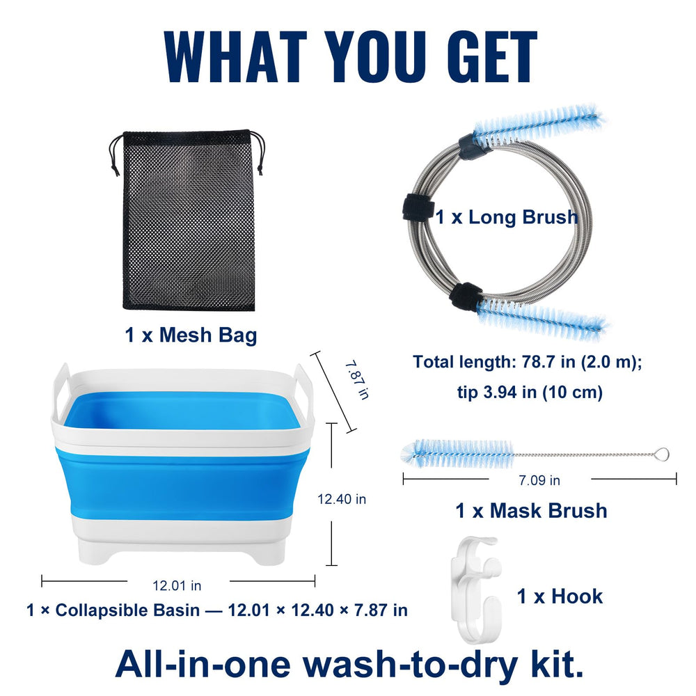 MOZZPAD CPAP basin open showing collapsible design and space savings.