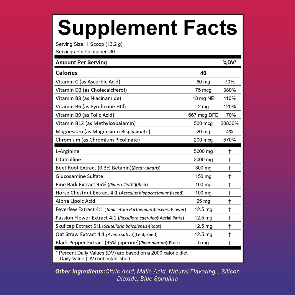 Mpain Blood Flow Super Formula nutrition facts panel highlights daily nutrient content