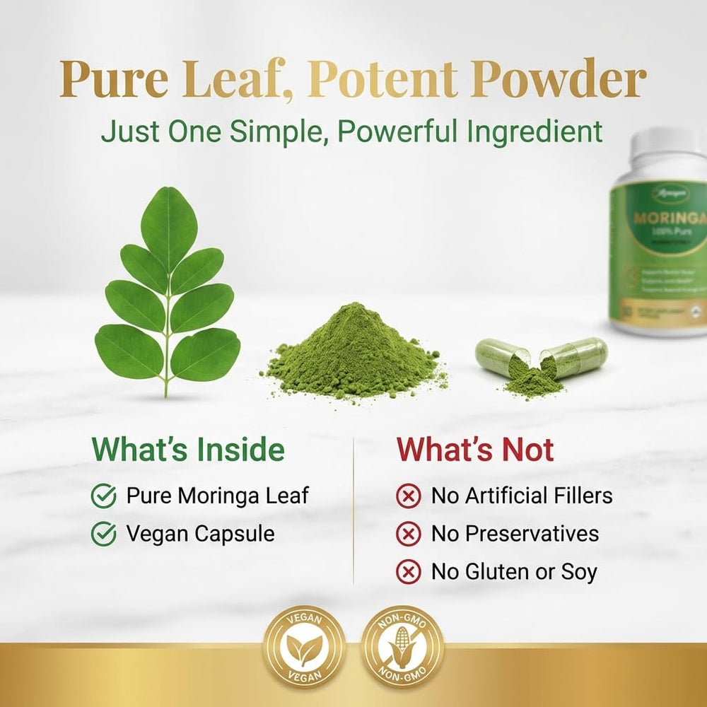 Close-up of moringa leaf powder in MPRAYAN product.