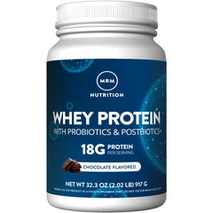 MRM Nutrition Whey Protein chocolate powder in jar for clean post-workout fueling.