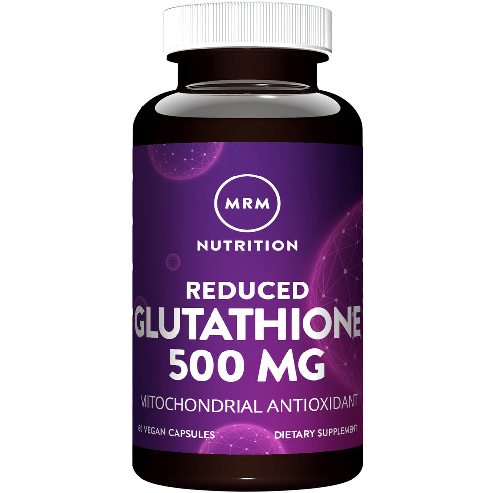 MRM Reduced Glutathione 500mg bottle highlighting vegan and gluten-free formula