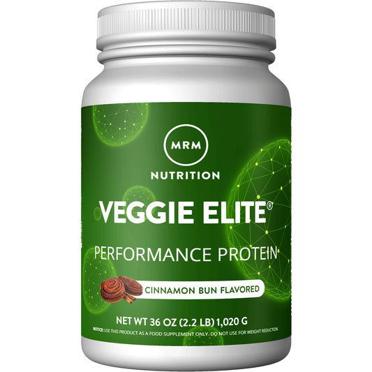 MRM Veggie Elite Cinnamon Bun powder being poured for a protein shake, supporting active lifestyles