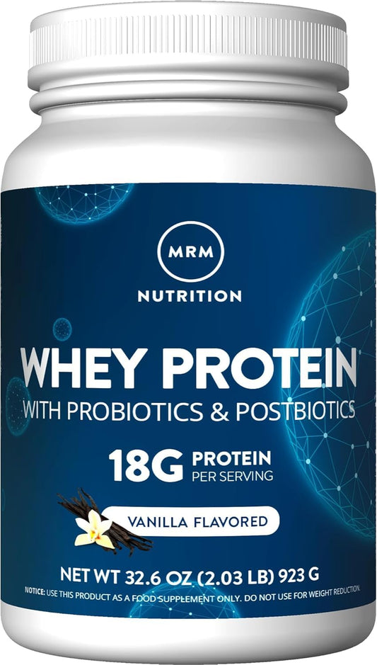 MRM Whey Protein Vanilla powder being poured for a post-workout shake