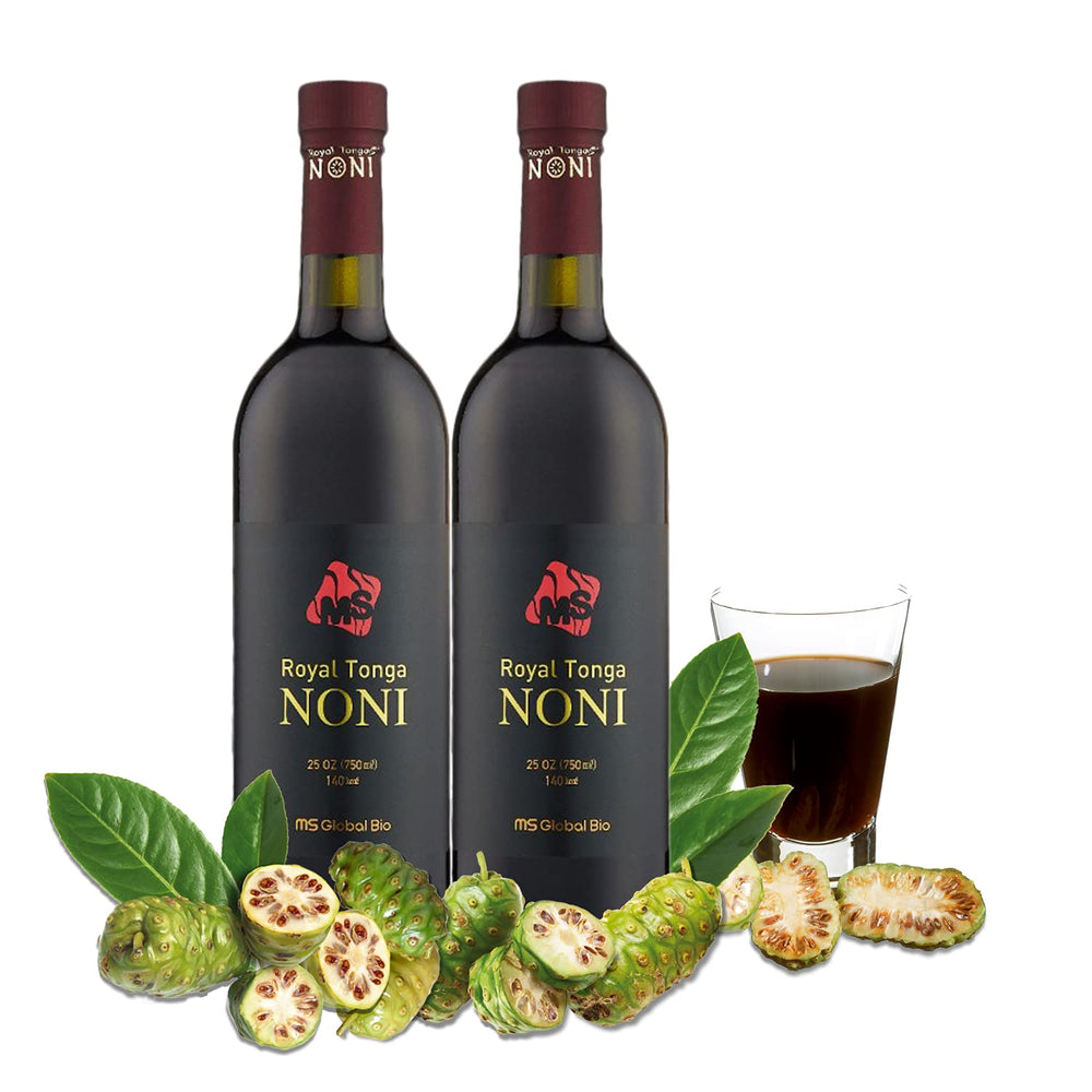MS Global Bio Royal Tonga Noni bottle close-up highlighting premium quality