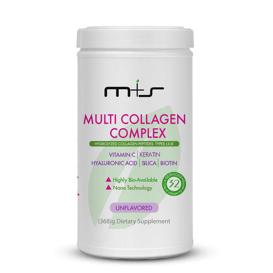 MS Multi Collagen Complex bottle on counter for daily skin and joint support.