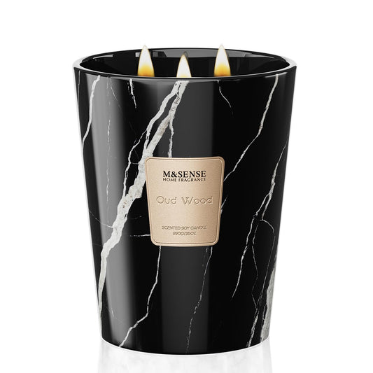M&SENSE OudWood XL candle in a marble-textured jar adds a luxurious focal point to your living room.