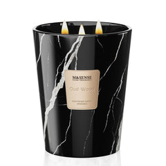 M&SENSE OudWood XL candle in a marble-textured jar adds a luxurious focal point to your living room.