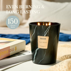 M&SENSE OudWood XL candle shows wick detail and clean-burning features.
