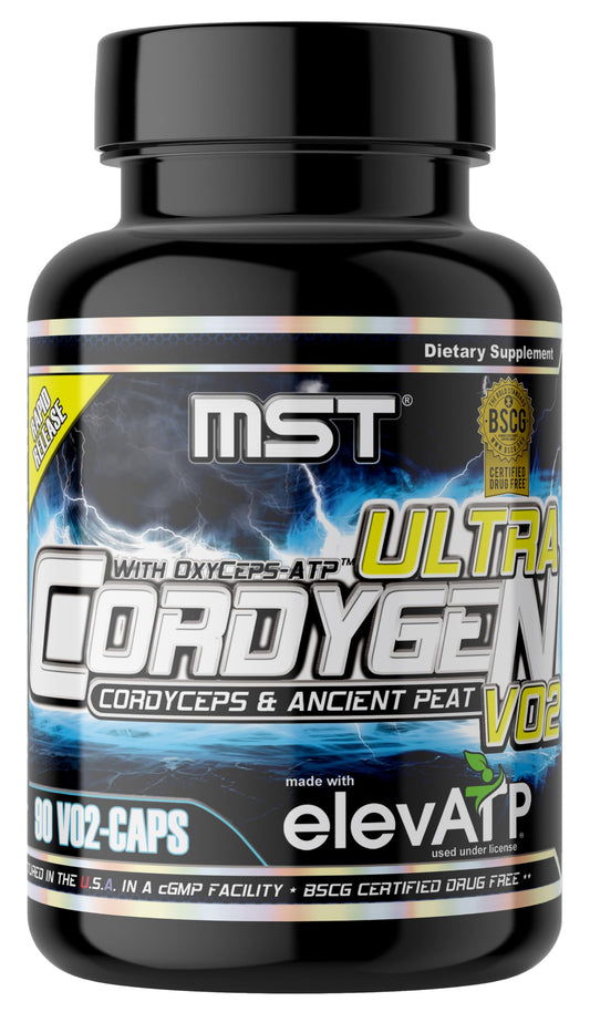 MST Cordygen VO2 Ultra bottle and capsules for sustained endurance during workouts.