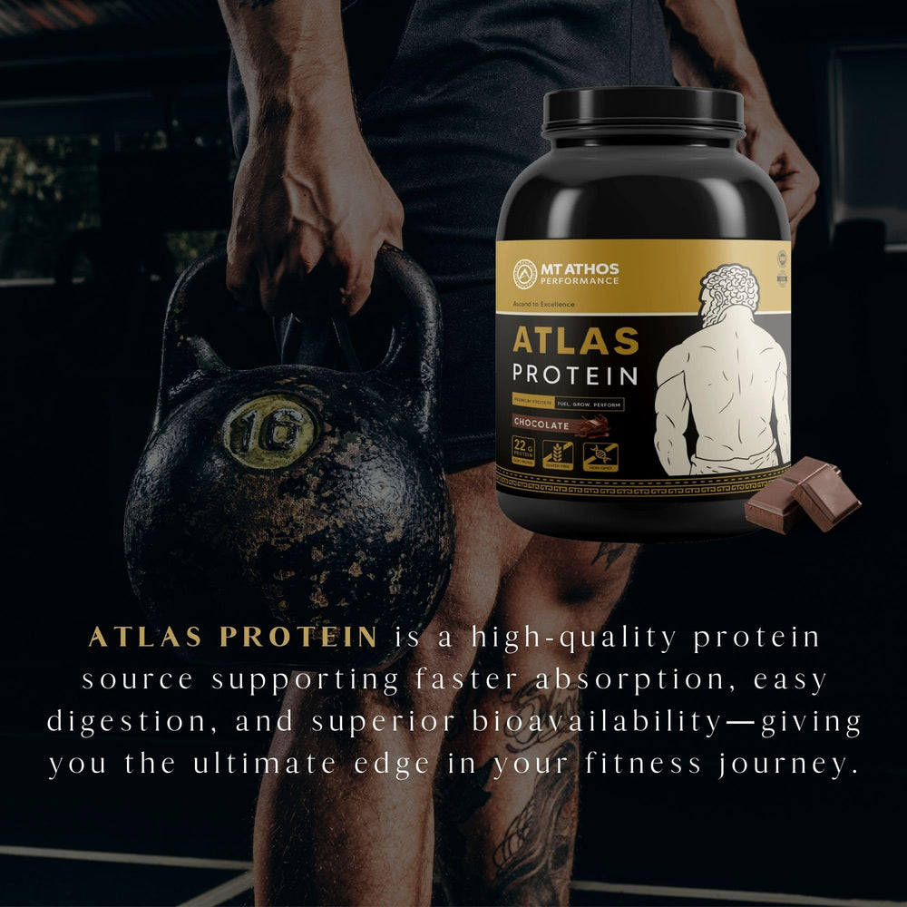 Mt. Athos Performance Atlas Chocolate nutrition facts panel for easy daily protein planning.