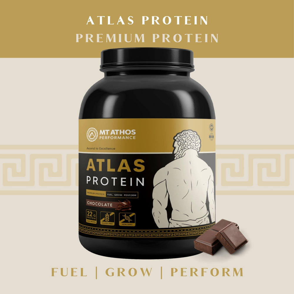 Mt. Athos Performance Atlas Chocolate scoop portion shown for precise protein intake to support training.