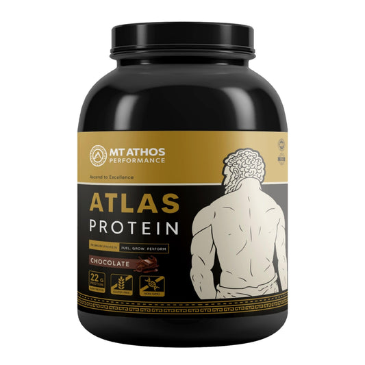 Mt. Athos Performance Atlas Chocolate protein tub, label visible, goat milk blend supports easy digestion.
