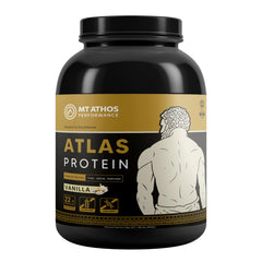 Mt. Athos Atlas Vanilla protein bottle showing goat milk protein blend for steady nourishment.