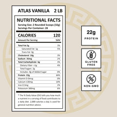 Atlas Vanilla label close-up highlighting whey and casein balance for ongoing amino support.