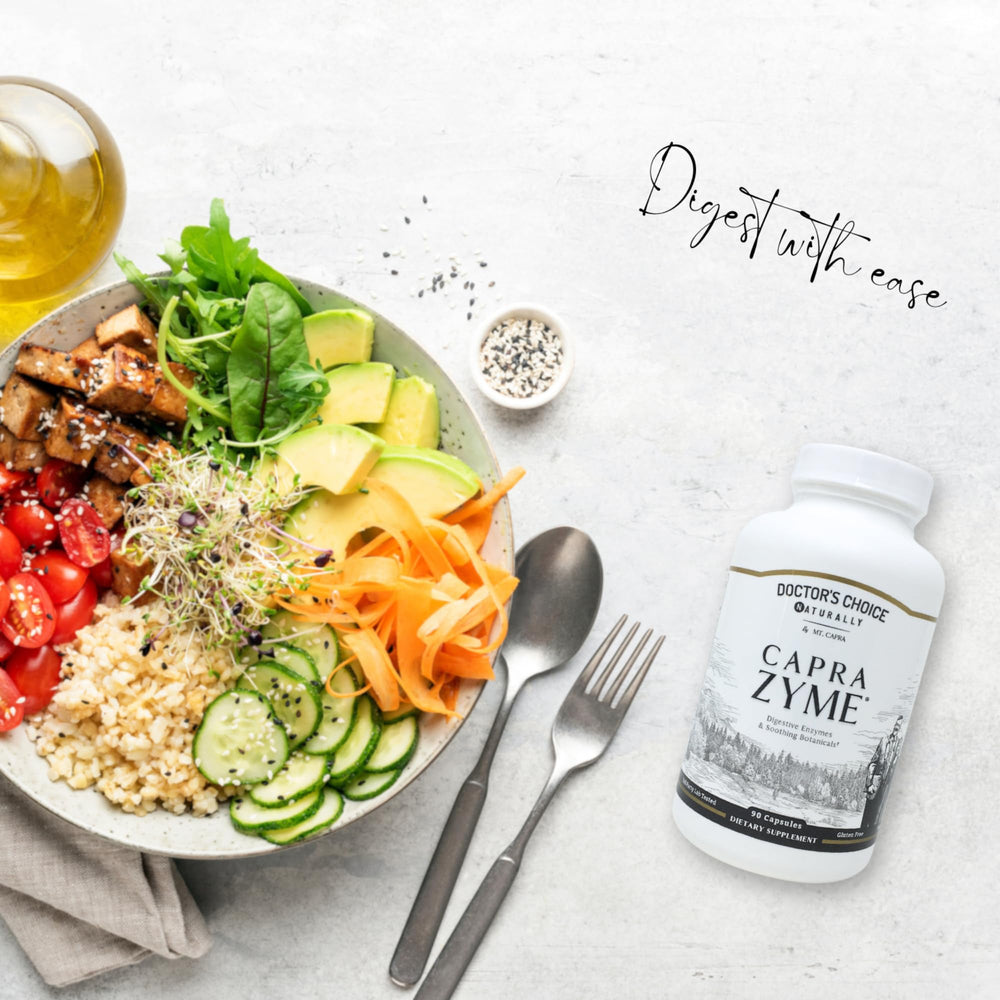 CapraZyme ingredients displayed in a glass bowl for nutrient blend.