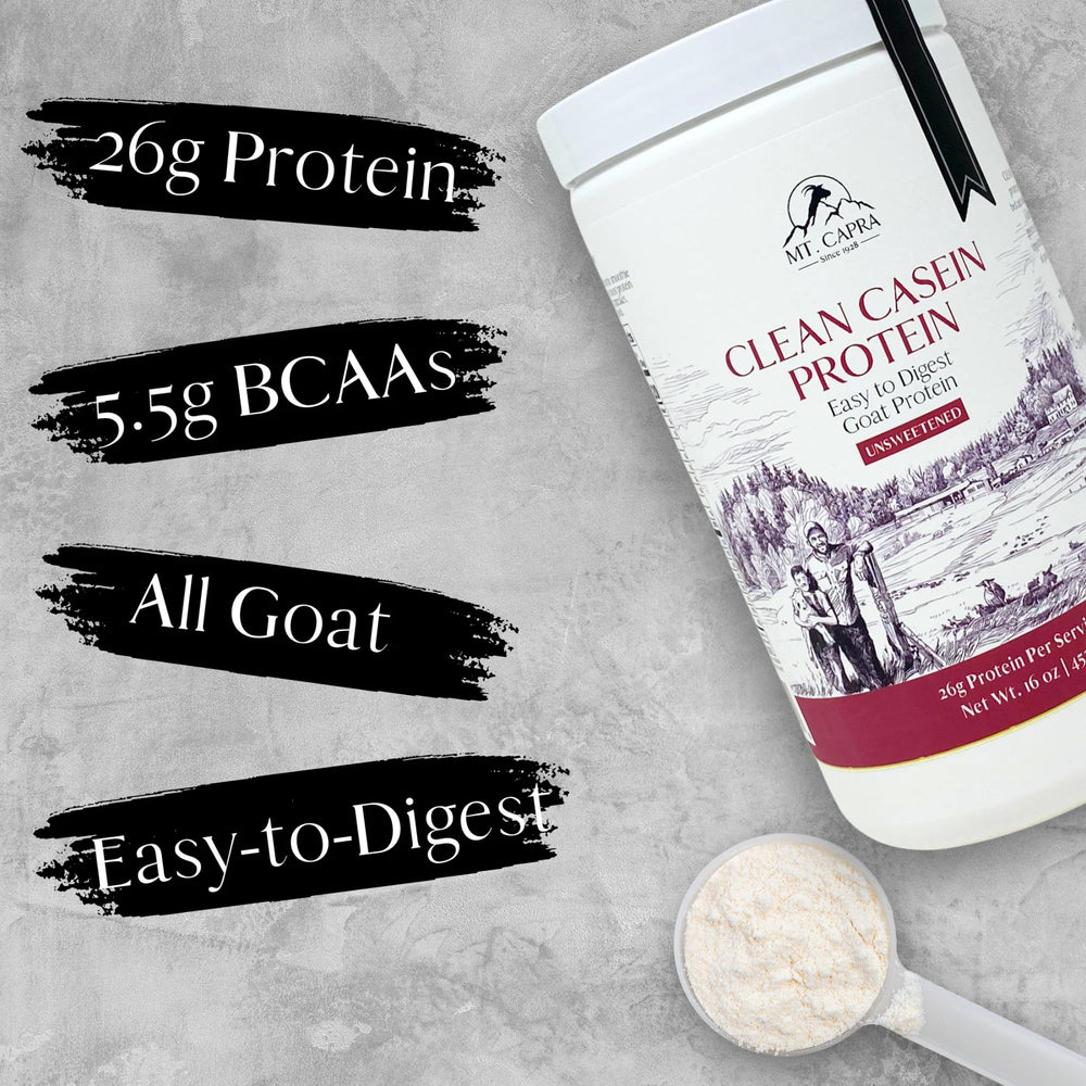 Mt. Capra Clean Casein scoop beside the jar for easy measuring