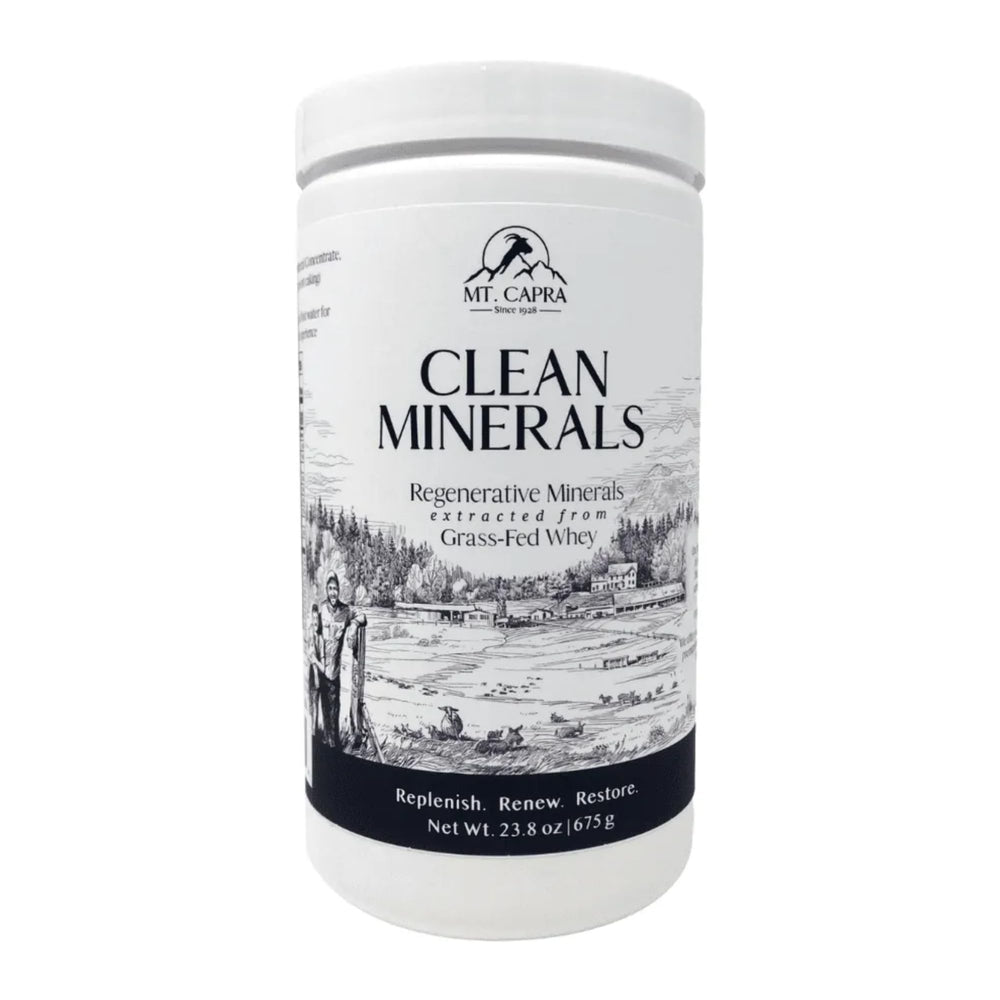 Mt Capra Clean Minerals bottle front view showing product name for daily mineral intake