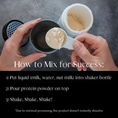 Spoon stirring Mt Capra Clean Whey protein for creamy shake
