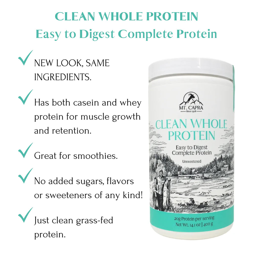 Mt Capra Clean Whole Protein ingredients label emphasizes no flavorings or GMOs.