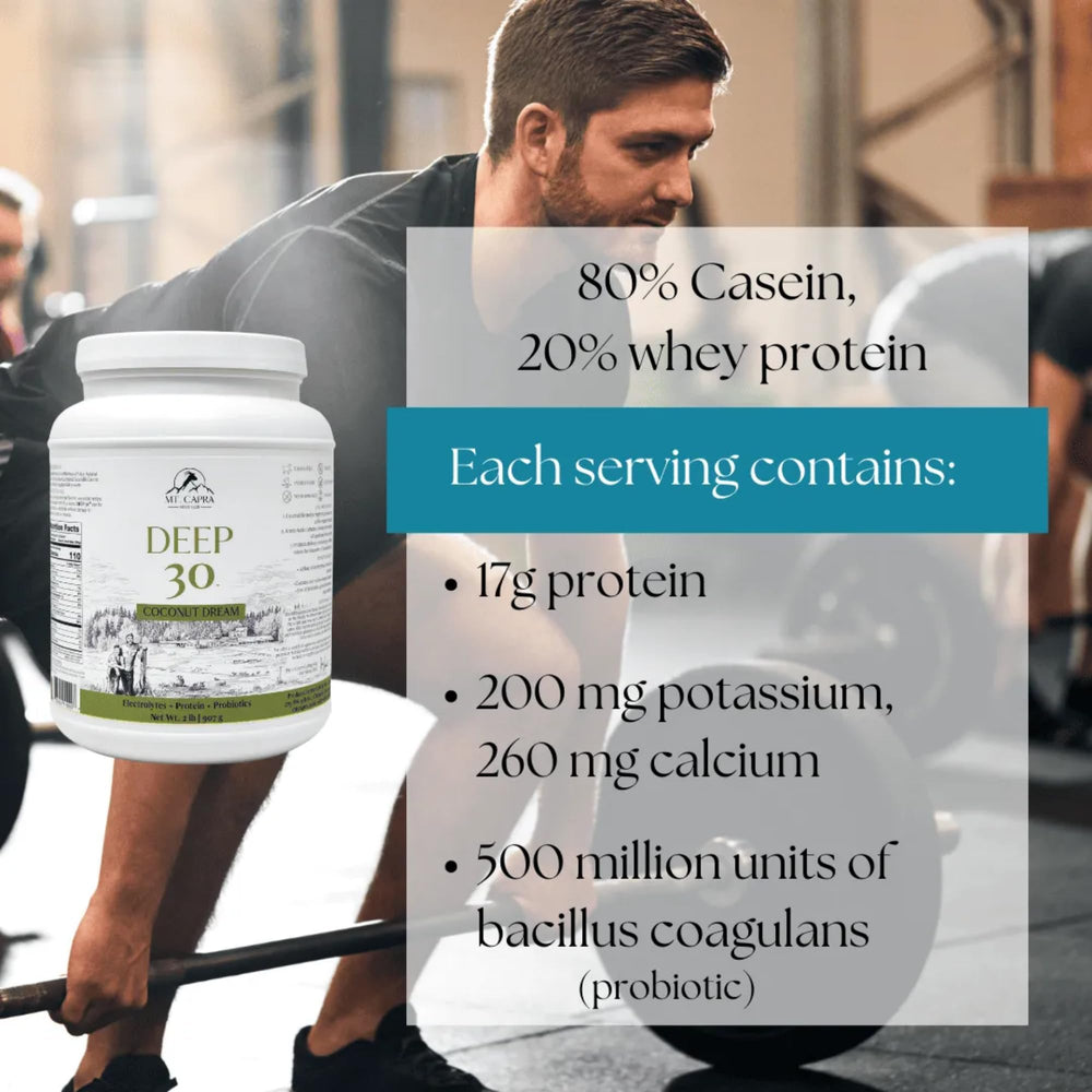 Mt Capra Deep 30 coconut dream flavor visible for creamy shakes.