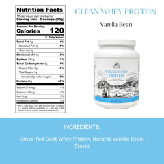 Mt. Capra Goat Whey powder tub showcasing high protein content