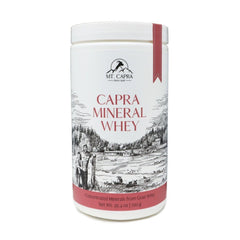 Mt Capra Mineral Whey bottle back view highlighting easy digestion and mineral bio-availability.
