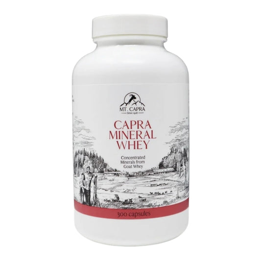 Mt. Capra Mineral Whey bottle on kitchen counter for daily mineral support.
