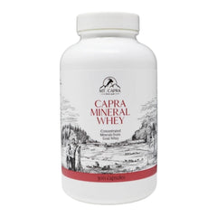 Mt. Capra Mineral Whey bottle on kitchen counter for daily mineral support.