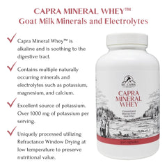 Close-up of Mt. Capra Mineral Whey label showing clean, GMO-free formulation.